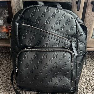 Embossed G-Pattern Black Leather Backpack - Unbranded